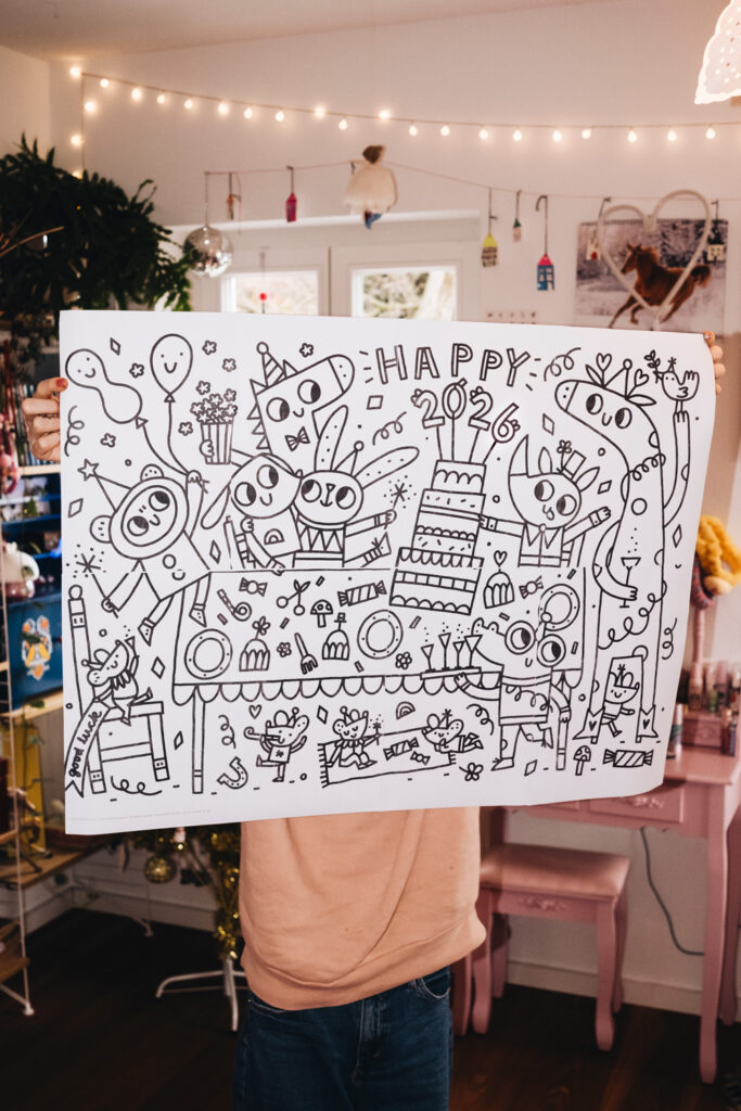 Lass uns an Silvester das Ausmalposter "Happy Dinner Party" ausmalen.