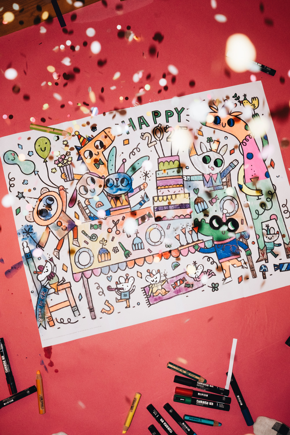 Lass uns an Silvester das Ausmalposter "Happy Dinner Party" ausmalen.