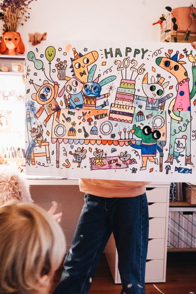 Lass uns an Silvester das Ausmalposter "Happy Dinner Party" ausmalen.