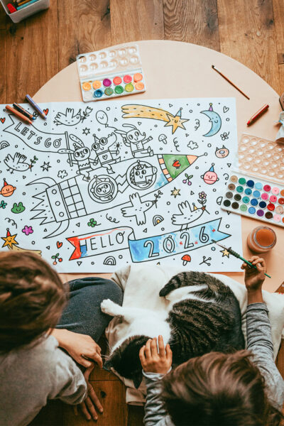 Lass uns an Silvester das Ausmalposter "Hello 2026" ausmalen.